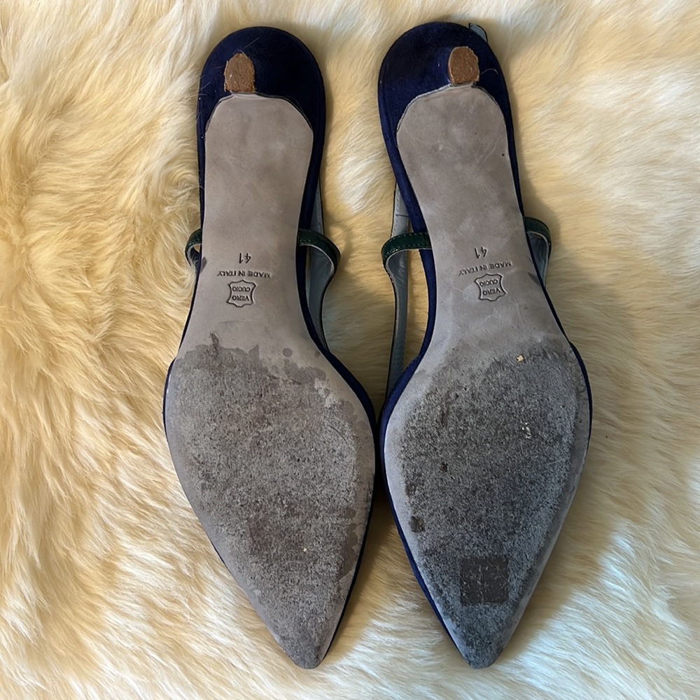 Italian | Enrico Antinori | Blue Green Velvet Leather Kitten Heel - Picture 9 of 11
